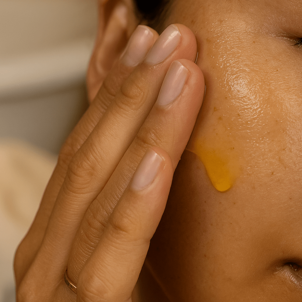 Close-up of a hand applying yellow cream to the skin